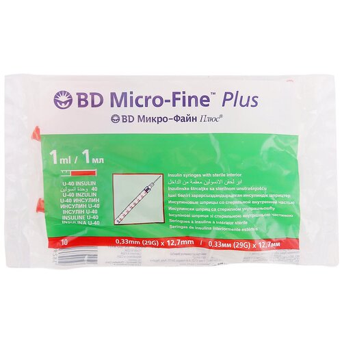 Шприц инсулиновый BD Micro-Fine Plus U-40 трехкомпонентный, 12.7 мм x 0.33 мм, размер: 29G, 1 мл, 10 шт.