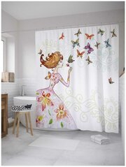 Штора водоотталкивающая для ванной, занавеска в ванную комнату тканевая JoyArty "Бабочки и девушка", 180х200 см