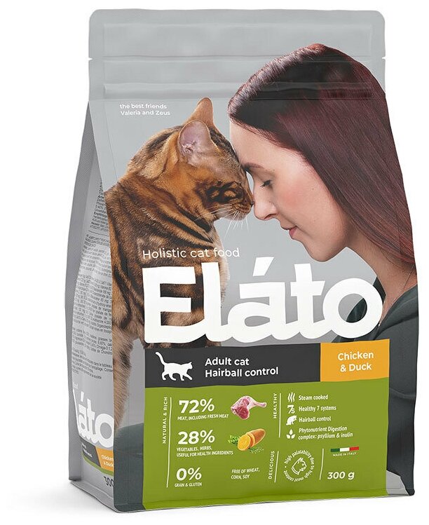 Elato Корм для кошек Holistic, с курицей и уткой, для выведения шерсти, 300 г - фотография № 2