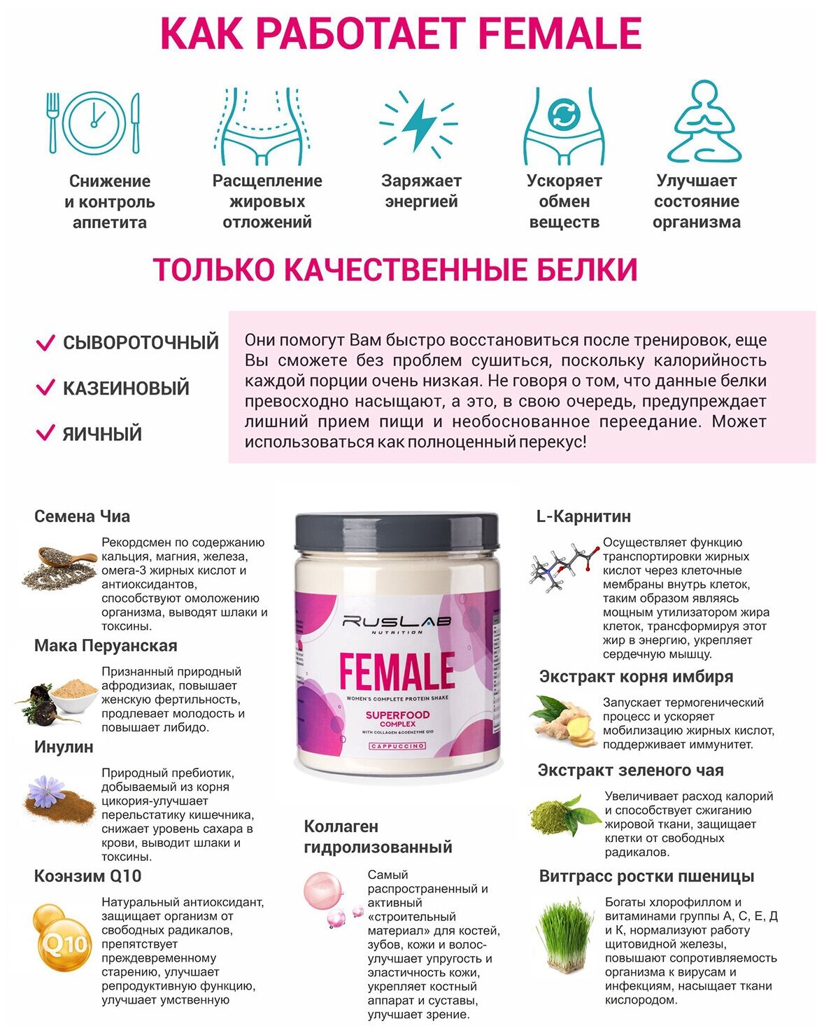 FEMALE-протеин для похудения, белковый коктейль для девушек (416 гр), вкус клубника со сливками