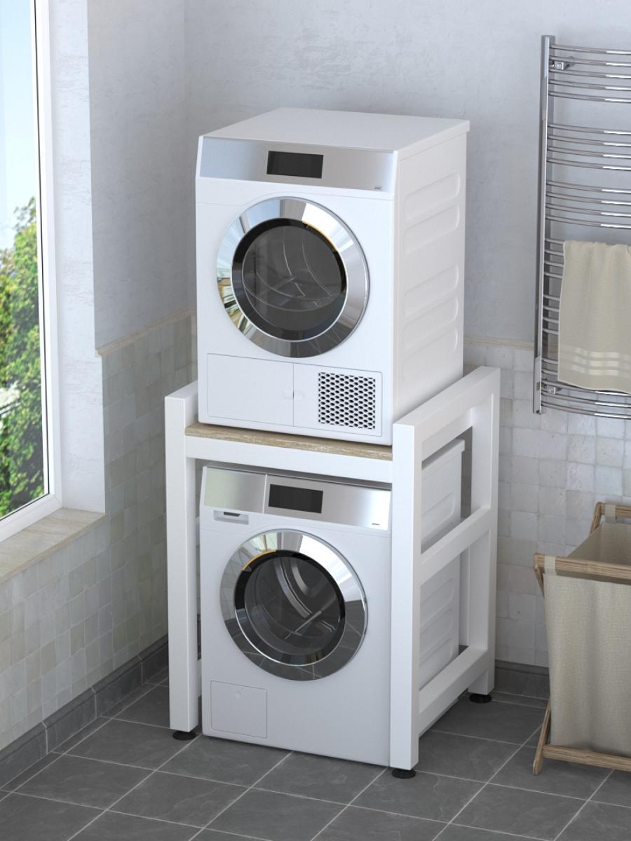 фото Усиленный стеллаж для стиральной и сушильной машины, черный каркас, белый