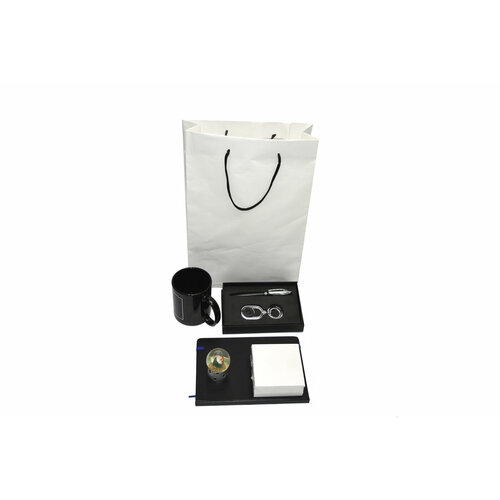 Подарочный набор в одном цвете "Черный" 8 предметов, пакет, ежедневник, шарик с блёстками, бумага для заметок, кружка, авторучка, брелок и футляр