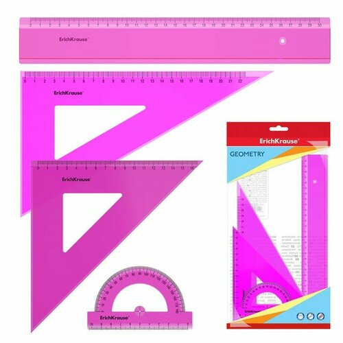 ErichKrause Набор геометрический ErichKrause Neon, пластиковый, большой (линейка, 2 угольника, транспортир), розовый, в флоупаке