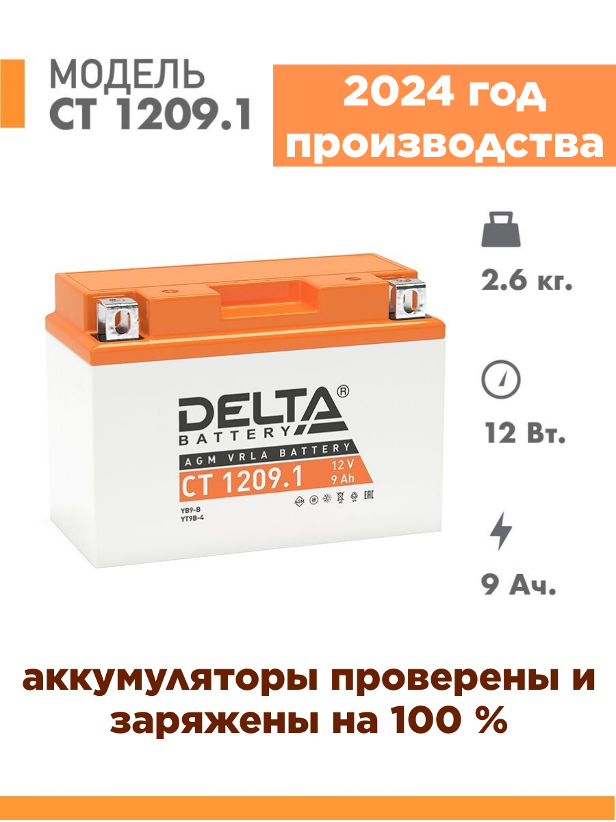Аккумулятор для мототехники Delta CT 1209.1 (12V / 9Ah) (YT9B-BS)