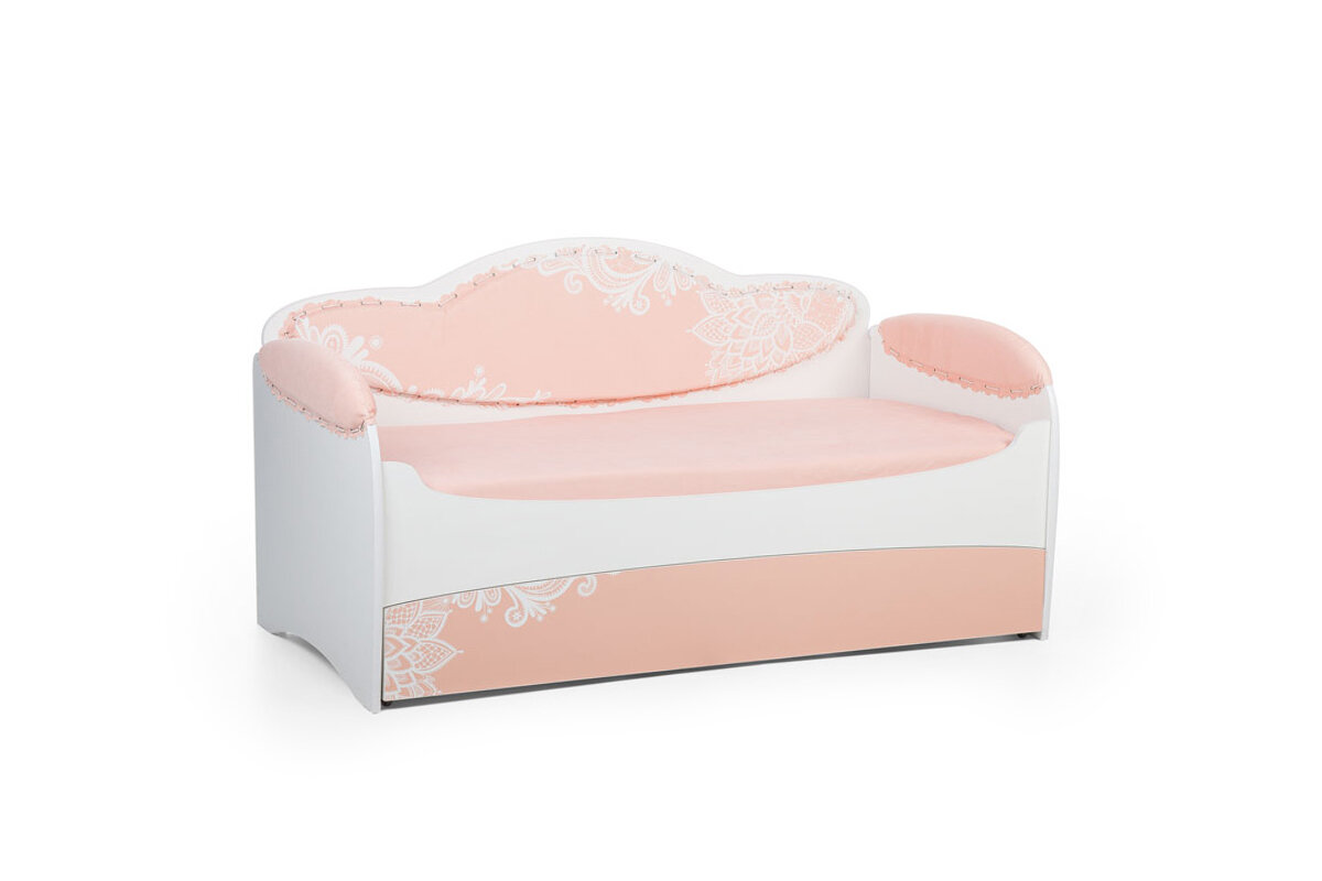 Детская диван-кровать MIA, цвет Персик с ящиком для белья, мягкими подлокотниками, 160х80см.