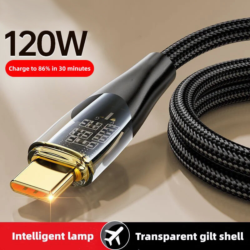 Кабель USB-Type-C для зарядки и передачи данных, 6 Aмпер, 120 Ватт, 1.2 метра, 480 Mbps, латунные коннекторы, быстрая зарядка для Huawei, Xiaomi, Samsung, Oppo (Черный)