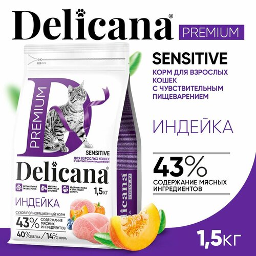DELICANA Корм сухой для кошек с чувствительным пищеварением Индейка 1,5 кг