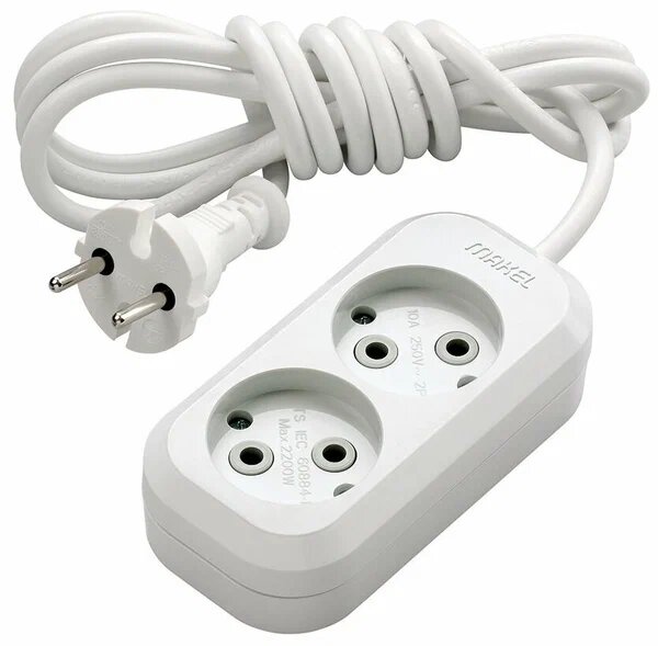 Сетевой удлинитель без заземлением 2 метра 2 розетки 2,2 кВт 10А белый MAKEL MGP 102