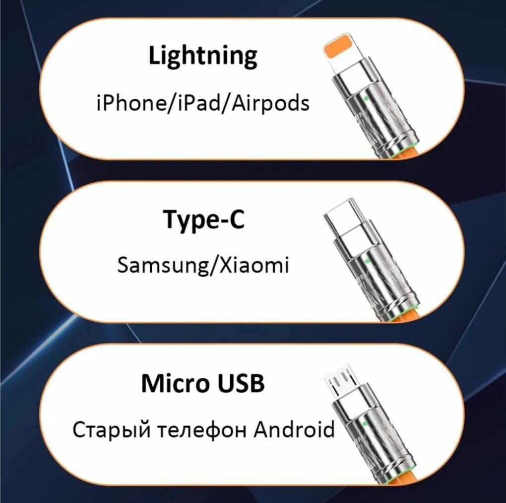 Кабель USB 3 в 1 для зарядки телефона / кабель usb type c быстрая зарядка 2,4A /1,2м, Оранжевый кабель — фото 1