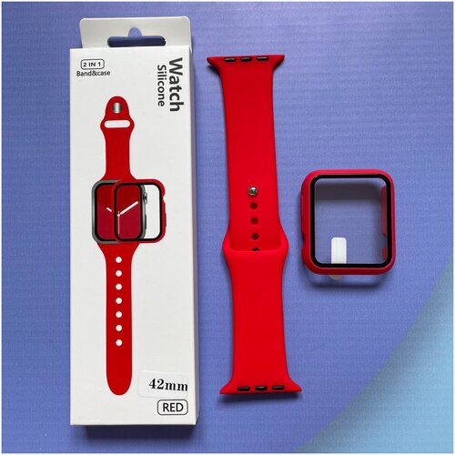 Ремешок для Apple Watch 1-7 42 мм силиконовый эластичный Красный / Защитное стекло на Apple Watch 1-7 42 мм