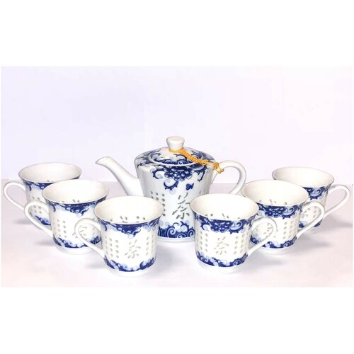 Набор чайный «Иероглиф», фарфор, стекло, 7 предметов.