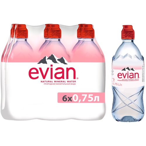 Вода минеральная природная питьевая столовая Evian негазированная, спорт ПЭТ, 6 шт. по 0.75 л