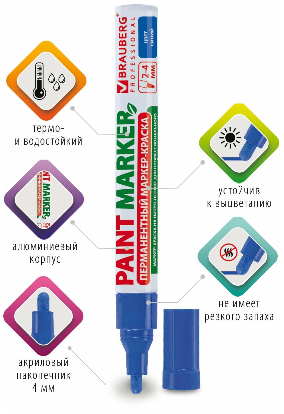 Маркер-краска Brauberg лаковый 2-4 мм, синий, нитро-основа, алюминиевый корпус (150873) — фото 1