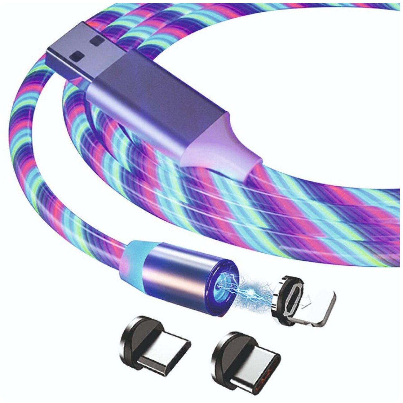 Магнитный светящийся USB кабель для зарядки телефона 3в1 iPhone и Андроид, провод с lightning, Type-C, micro USB, серебряный шнур