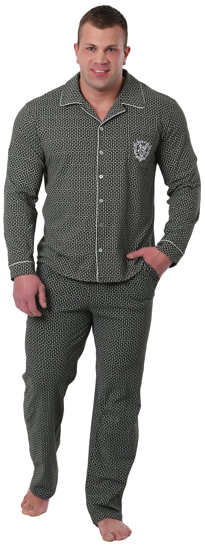 Мужская пижама с орнаментом Традиция Хаки размер 58 Кулирка Оптима трикотаж рубашка с длинным рукавом на пуговицах брюки с карманами