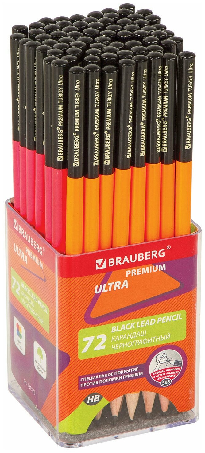 Карандаш чернографитный BRAUBERG "PREMIUM TURKEY", 1 шт, "Ultra", НВ, ассорти, дисплей,181570, комплект из 72 шт, 181570
