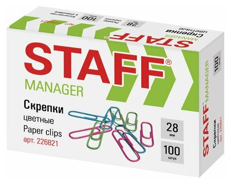 Скрепки STAFF "Manager", 28 мм, цветные, 100 шт, в картонной коробке, 226821 - 15 шт.