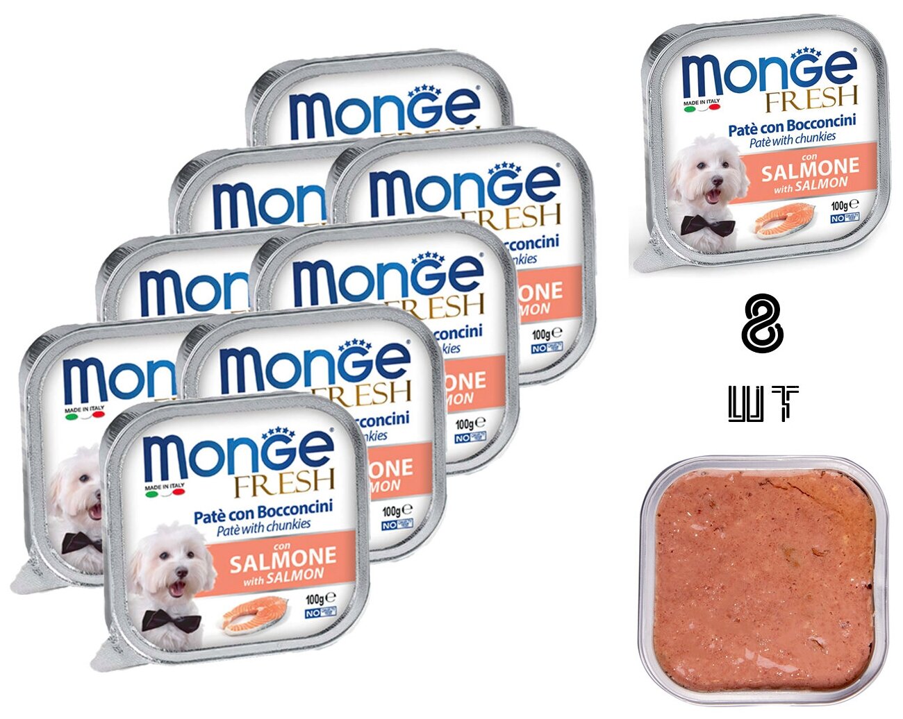 Влажный корм для собак Monge Dog Fresh PATE e BOCCONCINI con SALMONE, лосось, 8 шт. х 100 г