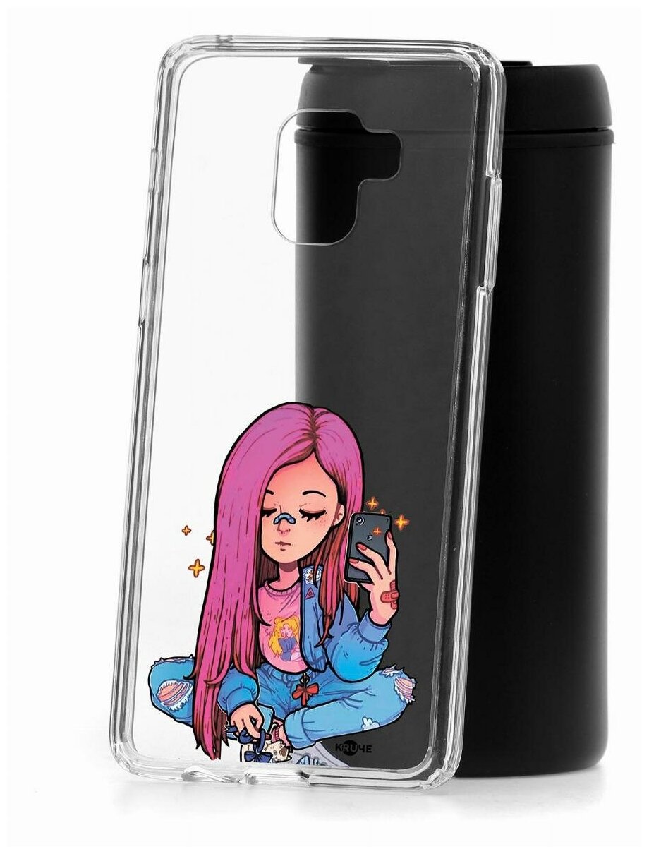 Чехол для Samsung Galaxy A8+ 2018 Kruche Print Pink Hair, пластиковая накладка, силиконовый бампер с защитой камеры, защитный прозрачный кейс с рисунком