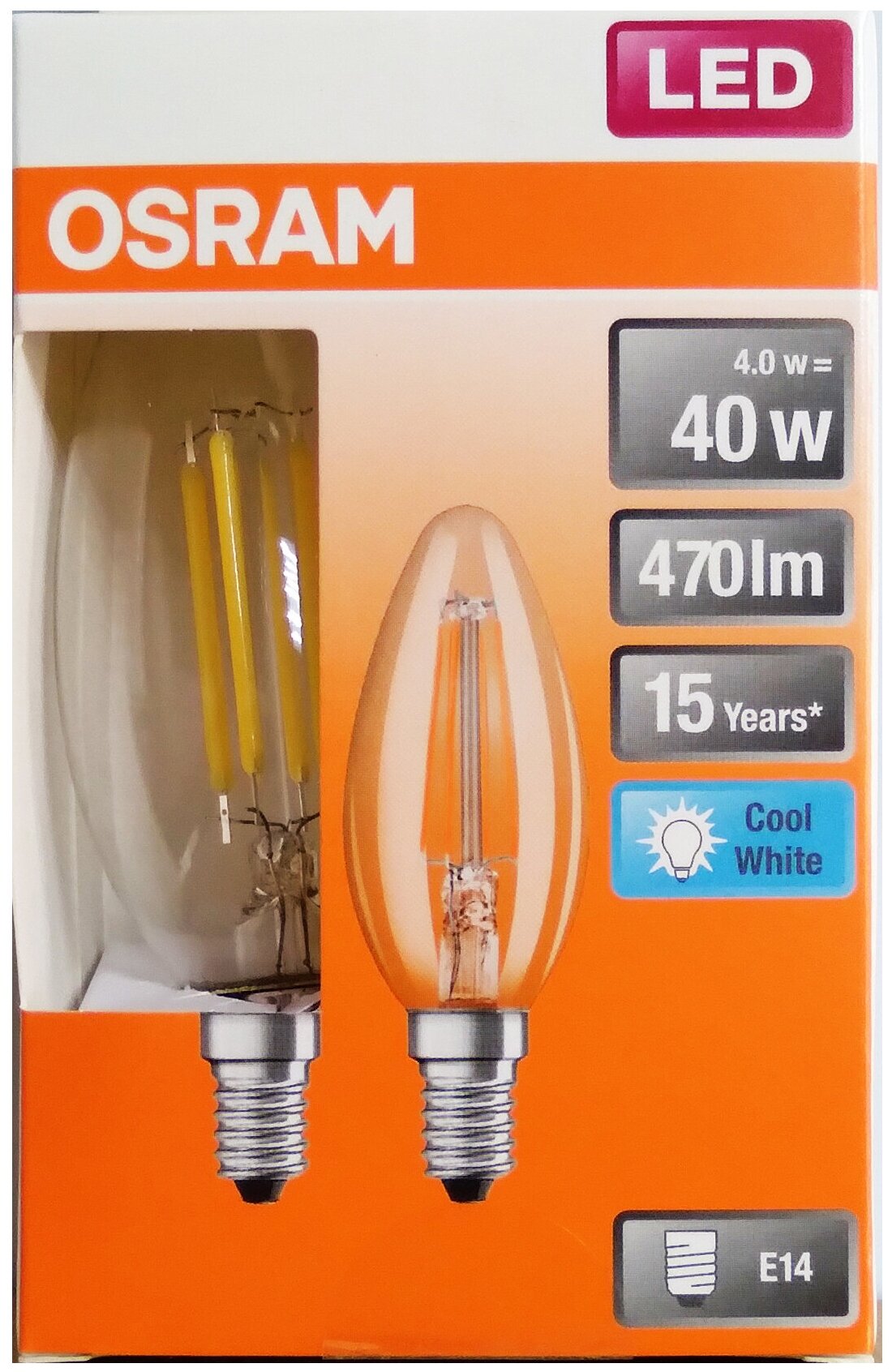 Лампочка светодиодная OSRAM Экопак Свеча B E14 4Вт 220В 470Лм 4000К Дневной белый Филаментная (2шт/уп) упаковка 1шт