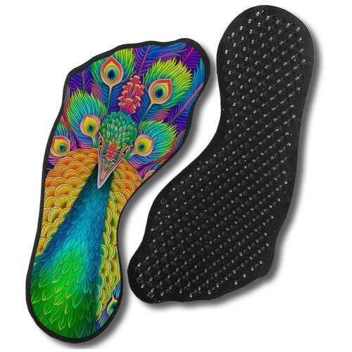 фото Доска с гвоздями садху для йоги с уф печатью, форма стопы (ноги), животные павлин - 26, шаг 10мм чакра