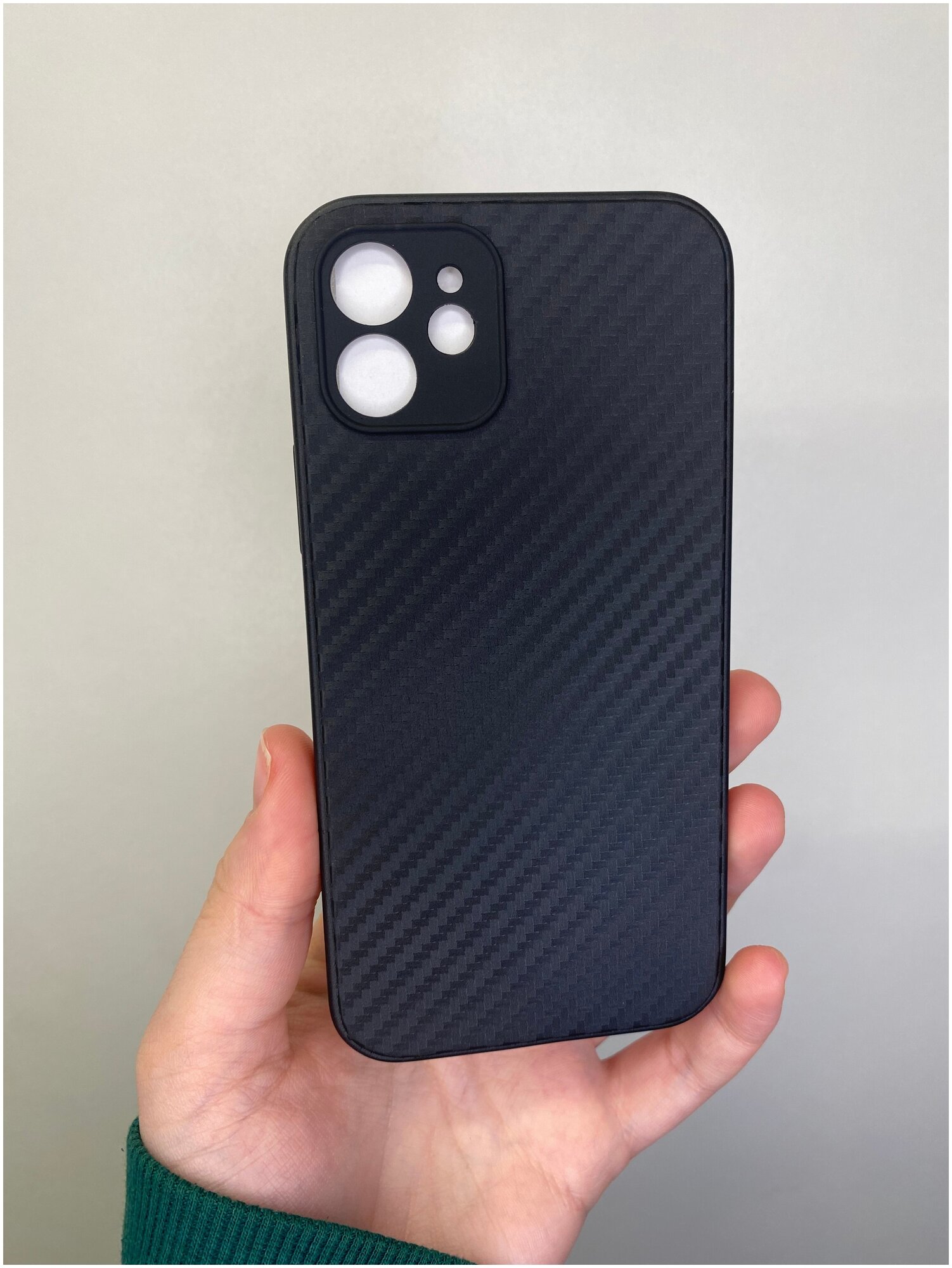 Силиконовый чехол для IPhone 12, TPU, карбон черного цвета с защитой камеры