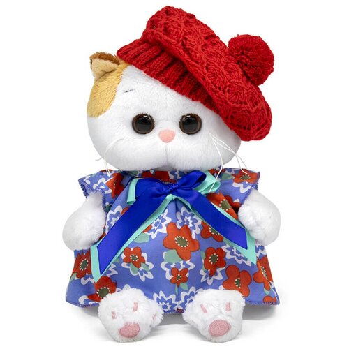 Мягкая игрушка Basik&Ko Кошечка Ли-ли, Baby, в платье и ажурном берете, 20 см, в подарочной коробке (LB-068)