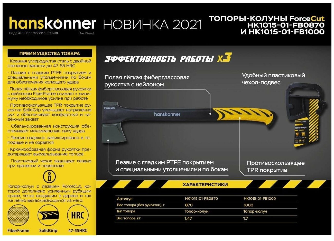 Топор-колун Hanskonnner HK1015-01-FB1000 , 1000г , фибер., кованый , PTFE покрытие, Арт. HK1015-01-F - фотография № 3