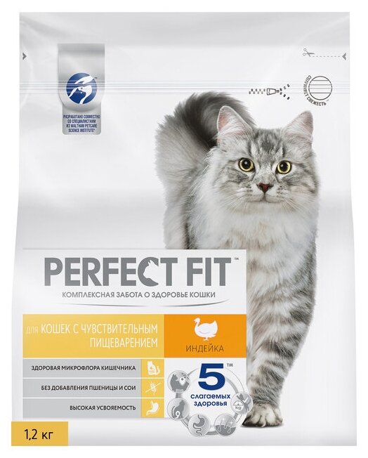 Сухой корм Perfect Fit с индейкой для взрослых кошек с чувствительным пищеварением 12 кг (3 шт)