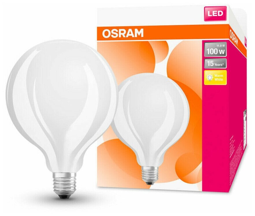 Лампочка светодиодная OSRAM Шар G125 E27 11Вт 220В 1521Лм 2700К Теплый белый Филаментная упаковка 1шт
