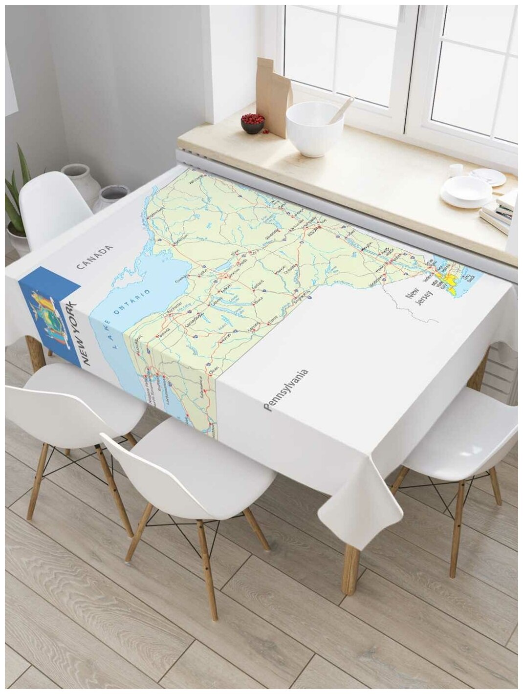 Скатерть прямоугольная JoyArty на кухонный стол "Карта Штат Нью-Йорк" из оксфорда, 180x145 см