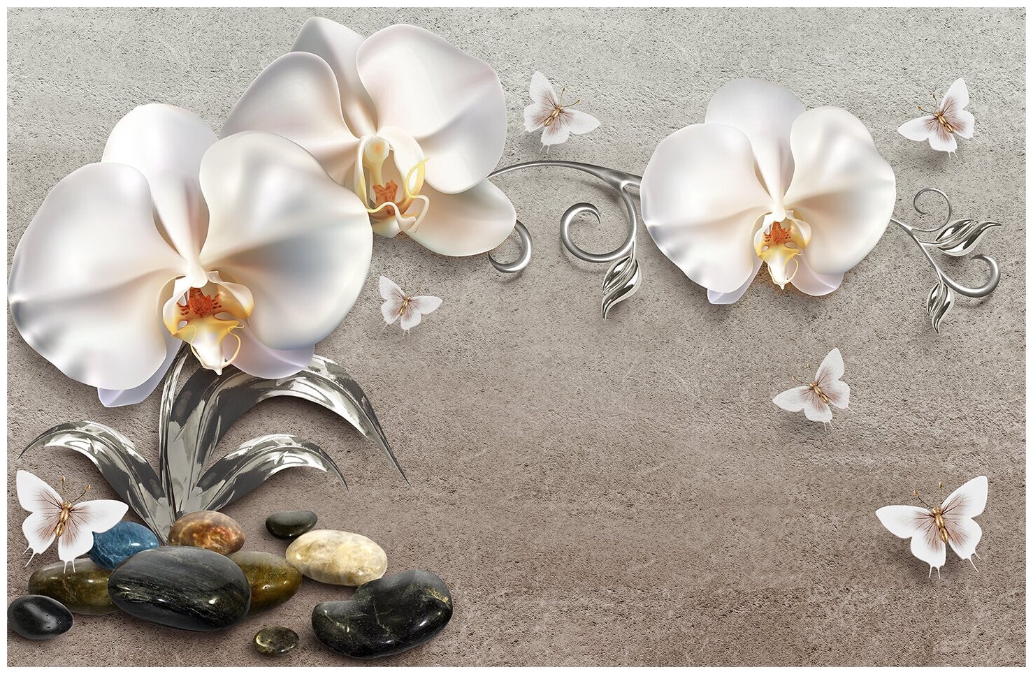 Фотообои Уютная стена "3D Композиция из орхидей и камней" 420х270 см Бесшовные Премиум (единым полотном)