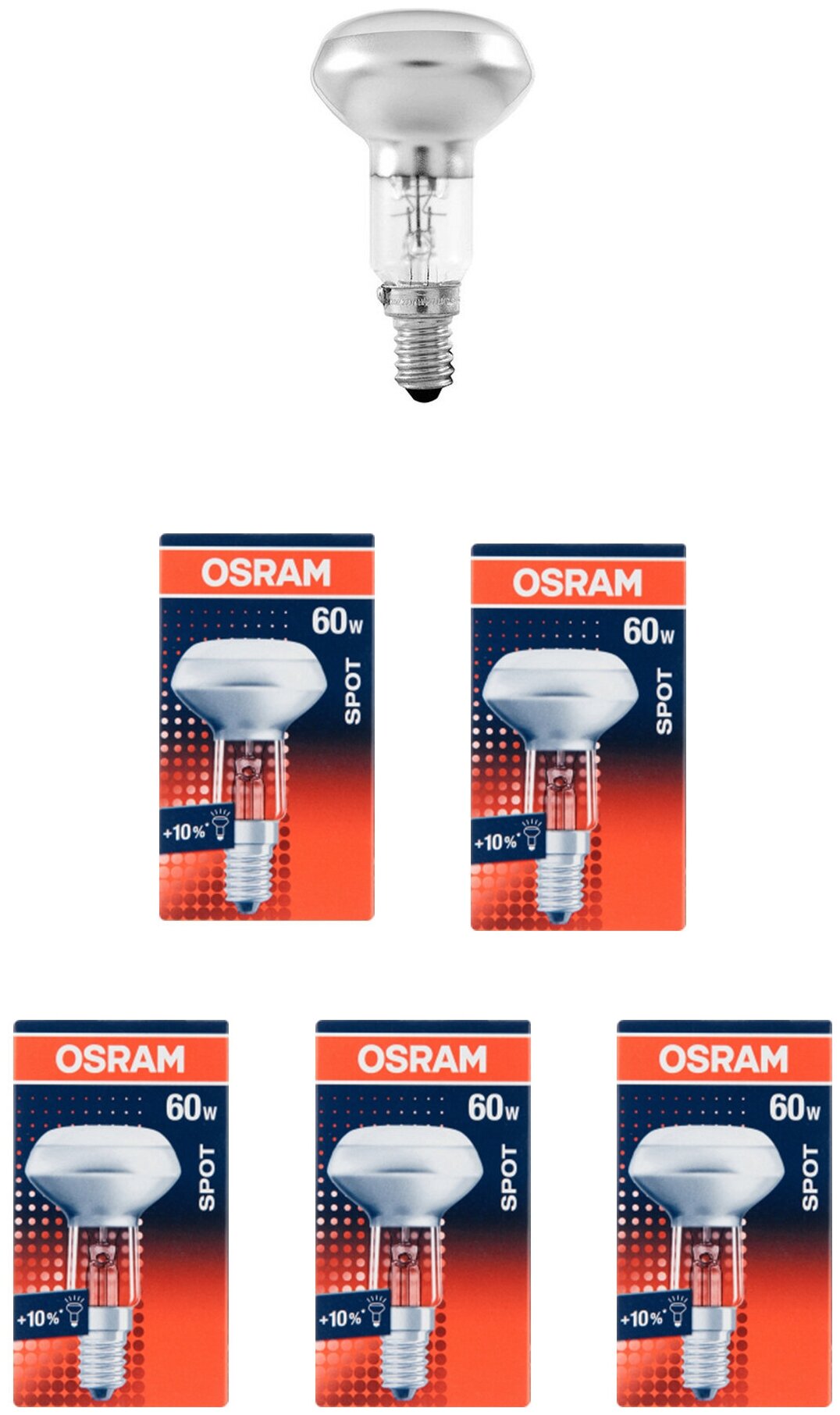 Лампочка накаливания OSRAM Рефлектор Гриб R50 E14 60Вт 220В 2700К Теплый белый Диммируемая упаковка 5шт