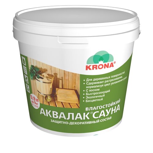 Лак KRONA Аквалак Сауна прозрачный, 0.93 кг, 0.9 л
