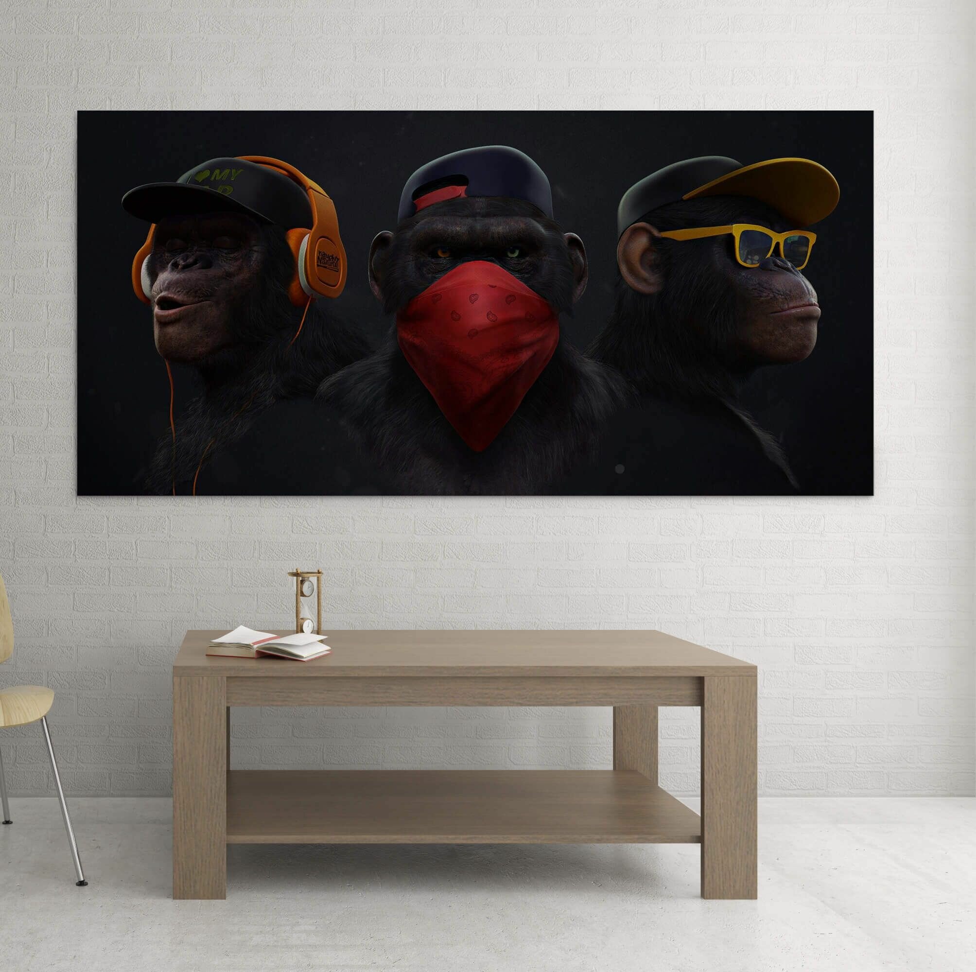 Интерьерная картина на натуральном холсте - Три обезьяны, 96 х 48 см.