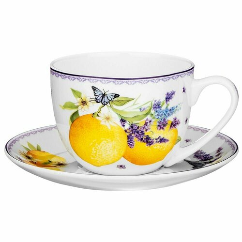 Чайная пара Лефард Прованс Лимоны, набор для чаепития на 1 персону: чашка 300 мл, блюдце из фарфора, Lefard подарочная