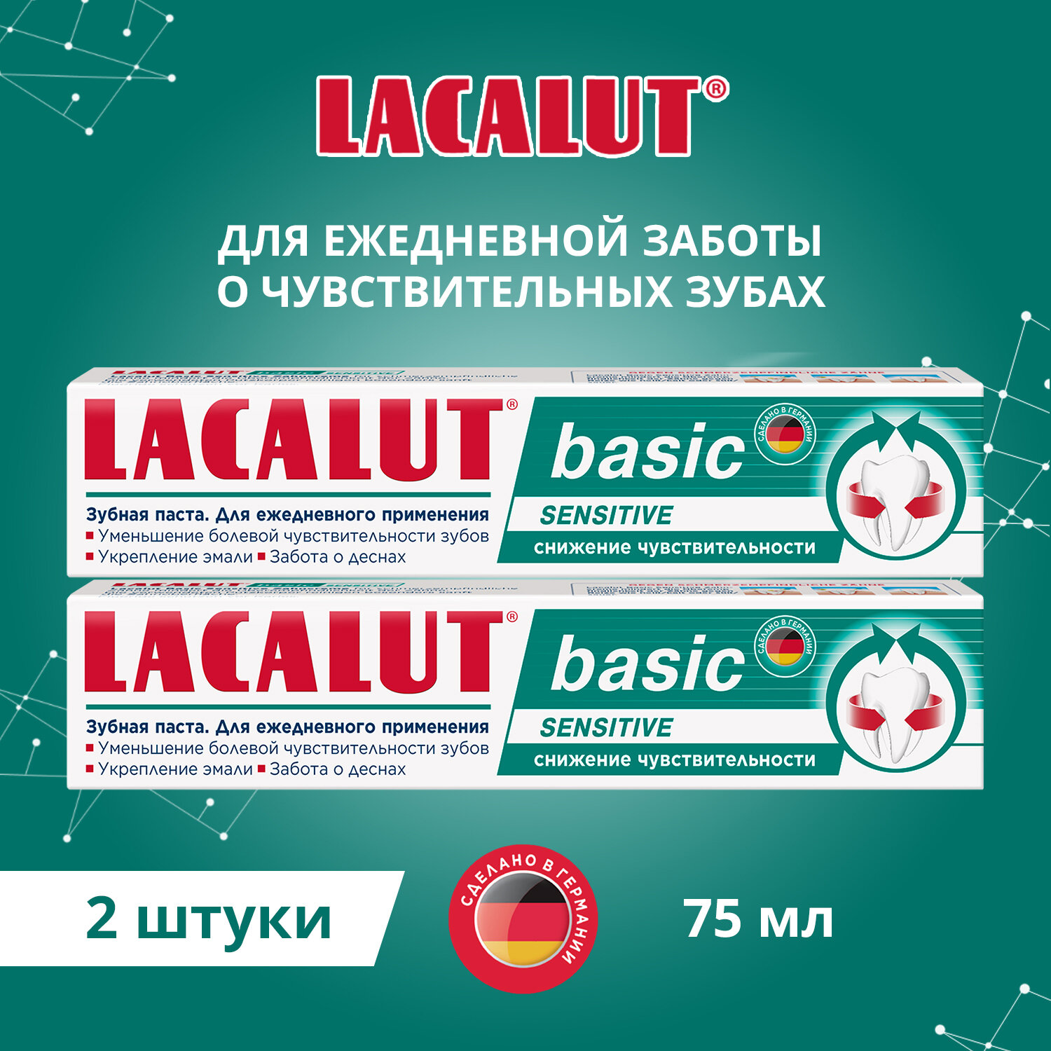 Зубная паста Lacalut Basic Sensitive 75 ml, спайка 2 шт