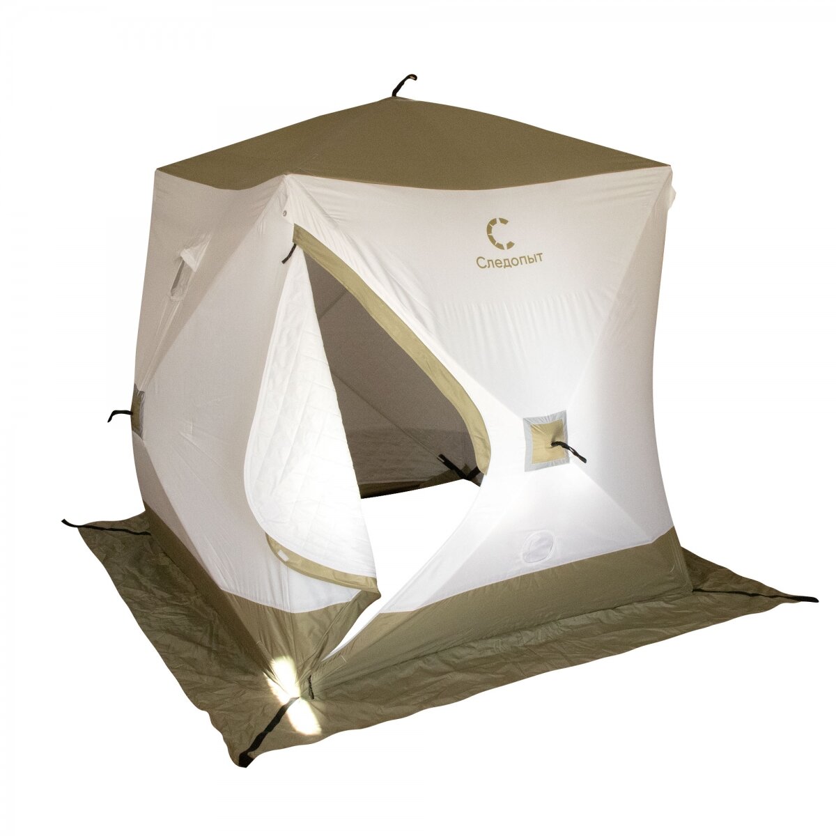 Палатка зимняя куб следопыт "Premium" 2,1х2,1 м, S по полу 4,4 кв. м, 3 слоя, цв. оливковый/белый, PF-TW-14