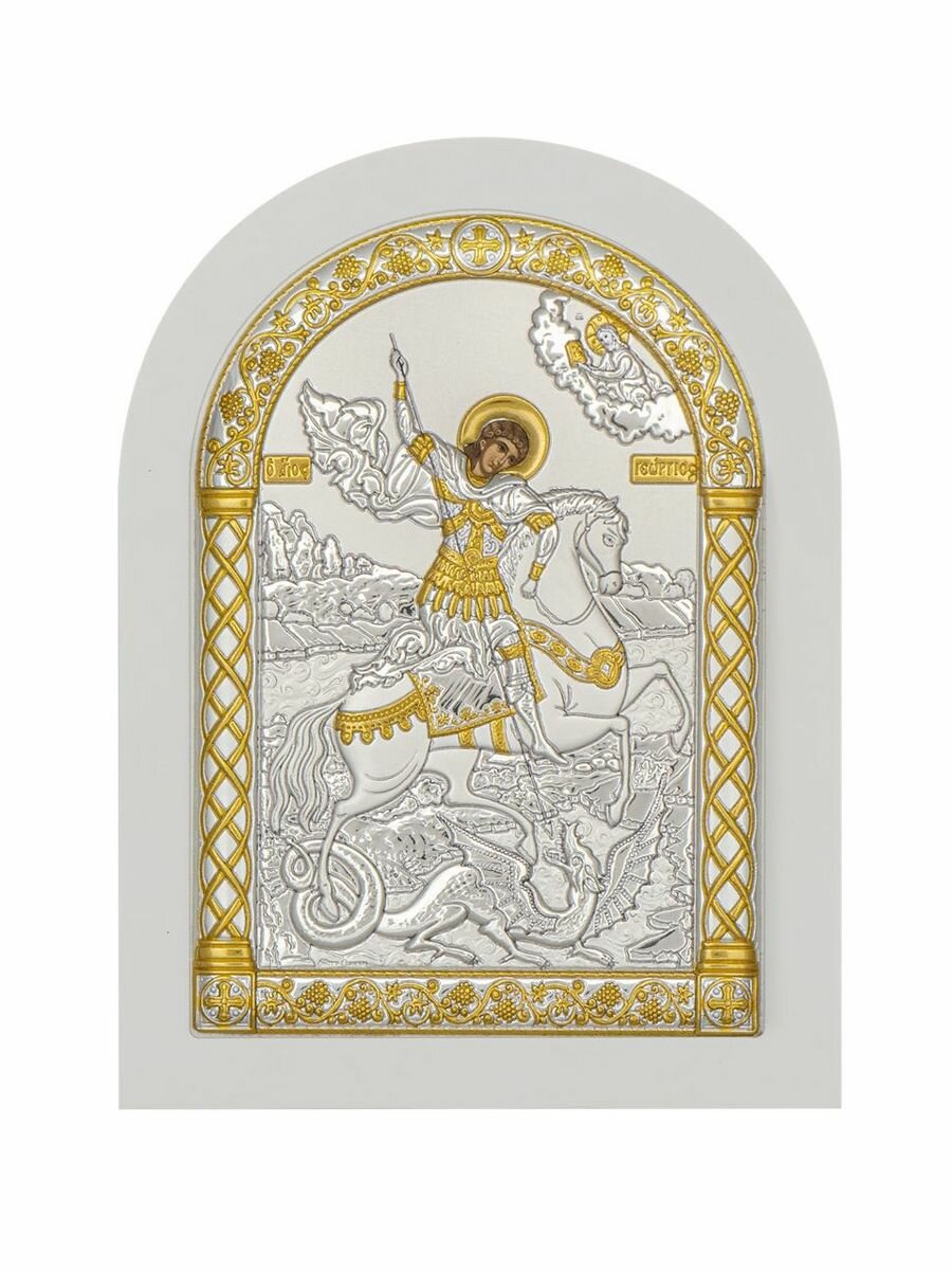 Икона серебряная, греческая Георгий Победоносец, 57х75мм