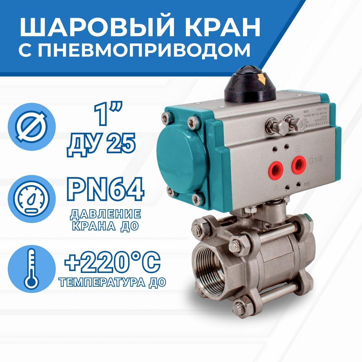 Кран шаровый муфтовый (3PC), AISI304 DN25 (1"), с двухсторонним пневмоприводом AT52D