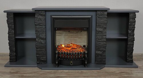 Изображение товара Камин Электрический Мальта с тумбами, Fobos, Серый графит/камень черный, напольный с обогревом. Электрокамин