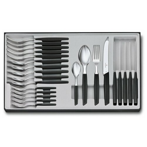 Набор из 24 столовых принадлежностей VICTORINOX Swiss Modern: 6 ножей с волнистым лезвием 11 см, 6 вилок, 12 ложек, чёрный 6.9093.11W.24