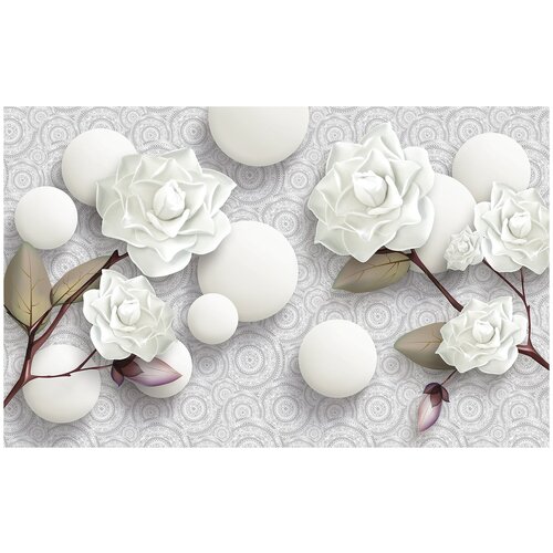 Фотообои Уютная стена 3D розы и белые шары 430х270 см Бесшовные Премиум (единым полотном)