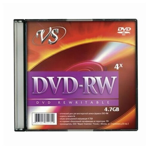 Диск DVD-RW, VS, 4.7 Gb, 4 x Slim Case, 1 штука, VSDVDRWSL01