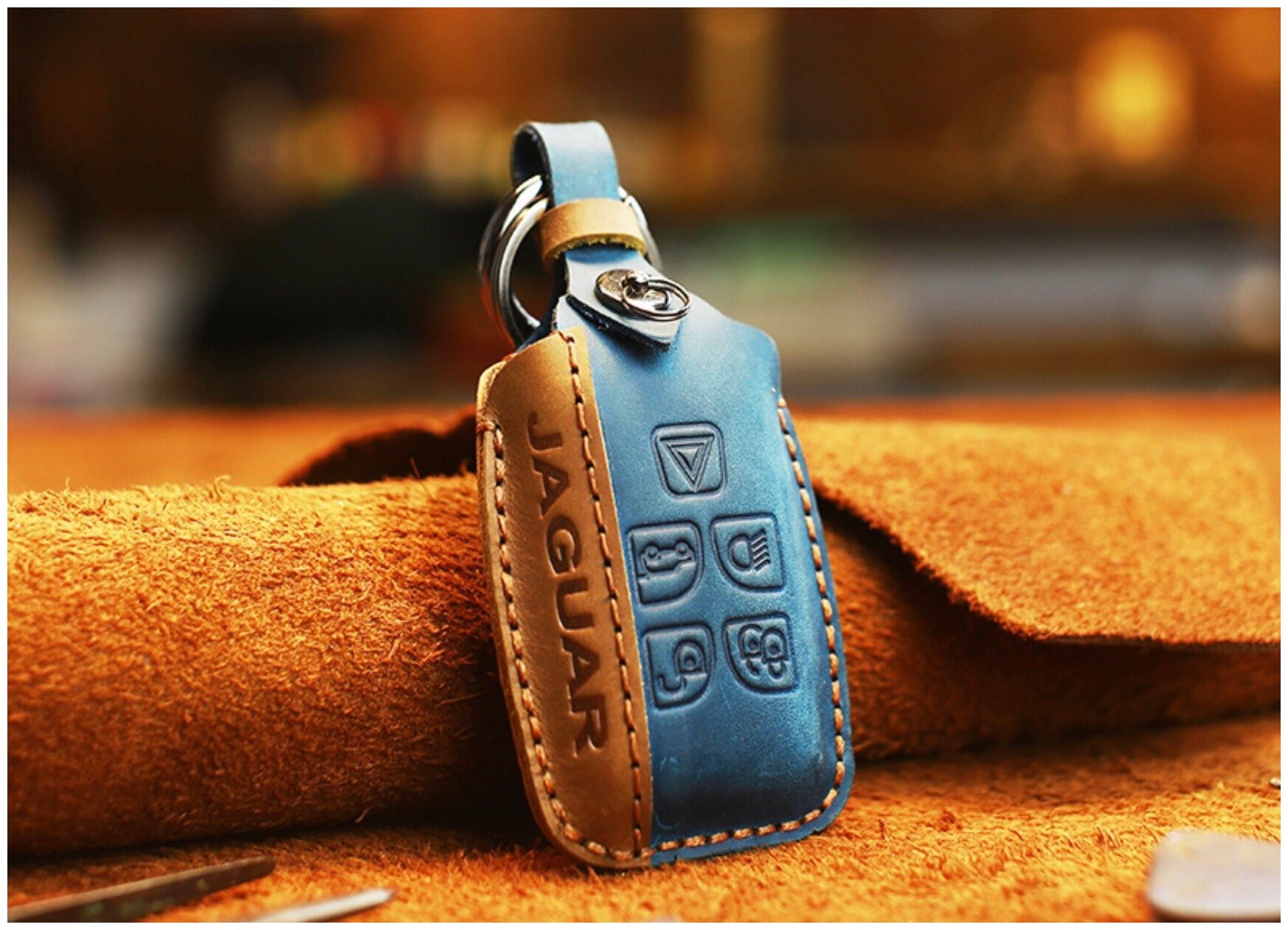 Чехол Mypads защитный универсальный кожаный для авто смарт ключа Jaguar I‑PACE F‑PACE XF Ягуар епейс фпейс брелок футляр из кожи синий