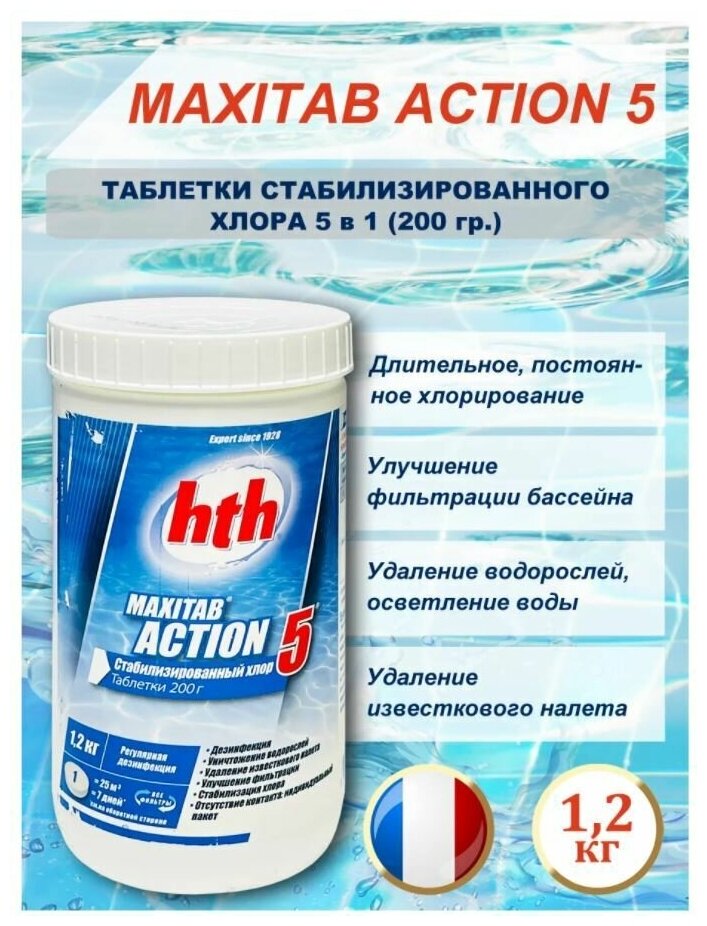 Таблетки стабилизированного хлора многофункциональные hth MAXITAB ACTION 5 в 1 200гр. 1,2 кг - фотография № 2