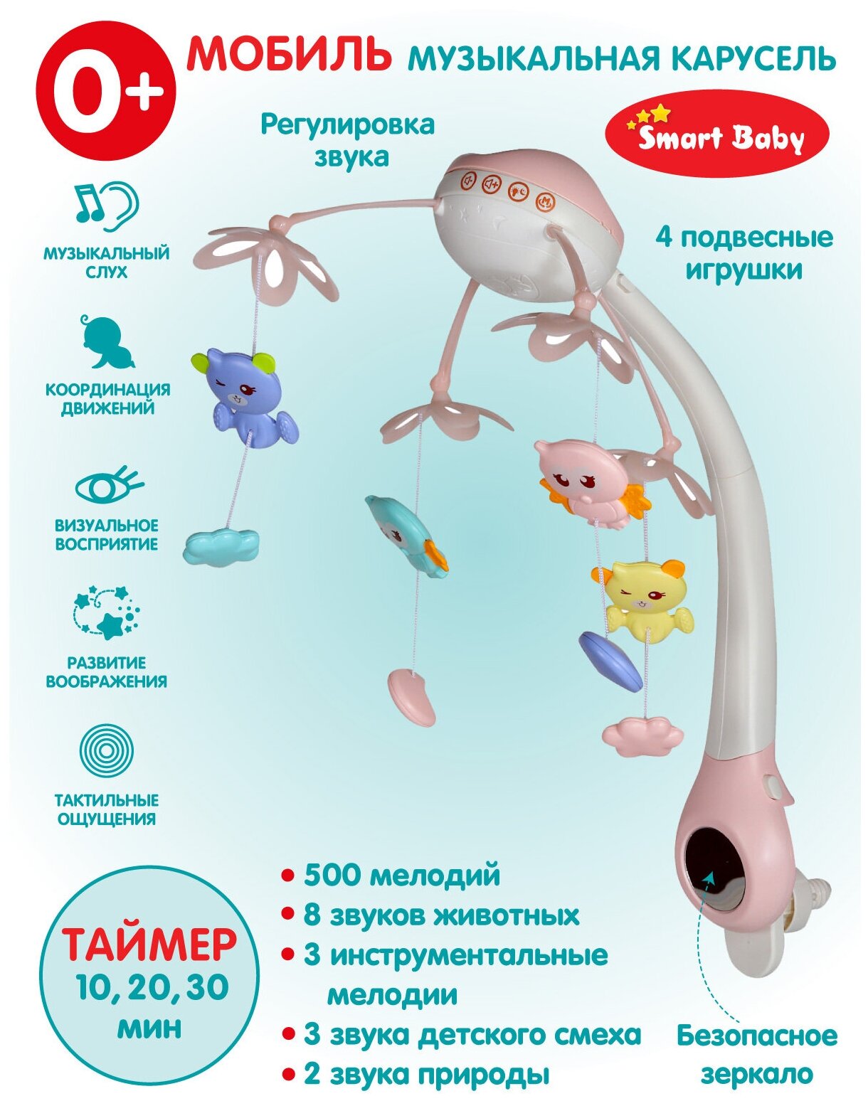 Детская карусель, мобиль ТМ Smart Baby, пульт управления, ночник, проектор звездного неба, таймер, колыбельные, 500 мелодий, свет, звук, JB0333928