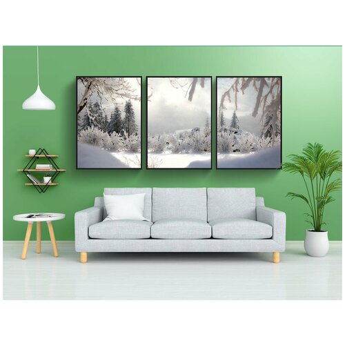 фото Набор модулных постеров для интерьера "зима, иней, зимний пейзаж" 60x90 см. в тубусе, без рамки lotsprints