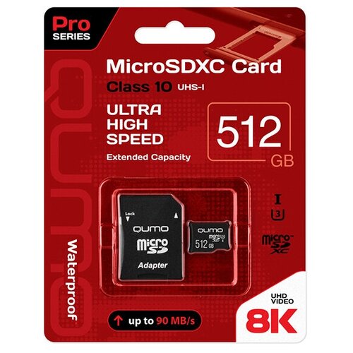 Карта памяти Qumo microSDXC 512GB Pro series microSDXC Class 10 UHS-I, U3 + SD адаптер, Черный QM512GMICSDXC10U3 карта памяти kingston microsdxc 512gb canvas go plus class 10 uhs i u3 v30 a2 sd адаптер sdcg3 512gb