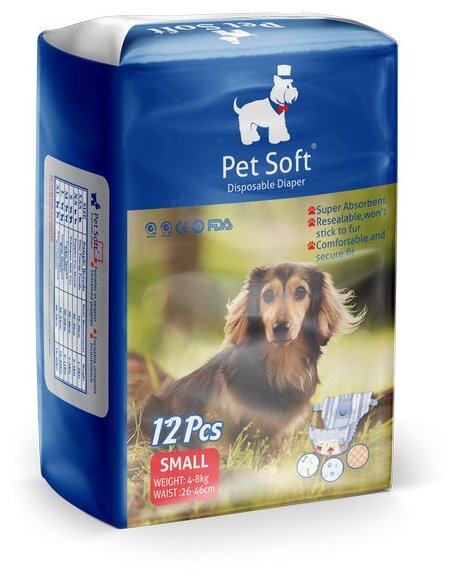 Подгузник для собак PET SOFT DIAPER , 3 цвета, размер S (вес 4-8кг, талия 26-46см) 12шт (124)